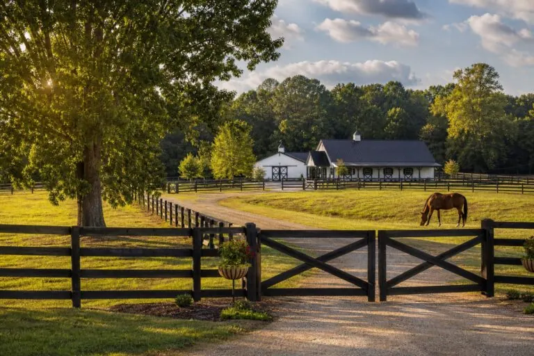 A peaceful rural scene with a horse grazing near a wooden fence, a large tree, and a white barn in the background under a partly cloudy sky.