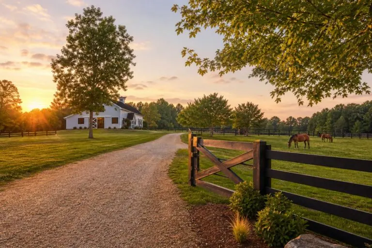 A rural farm scene at sunset with a gravel driveway, white farmhouse, trees, and horses grazing in a fenced field.