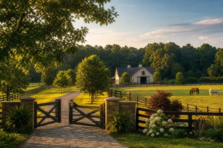 Scenic view of a horse property with a gated entrance, lush green fields, and horses grazing under a partly cloudy sky.